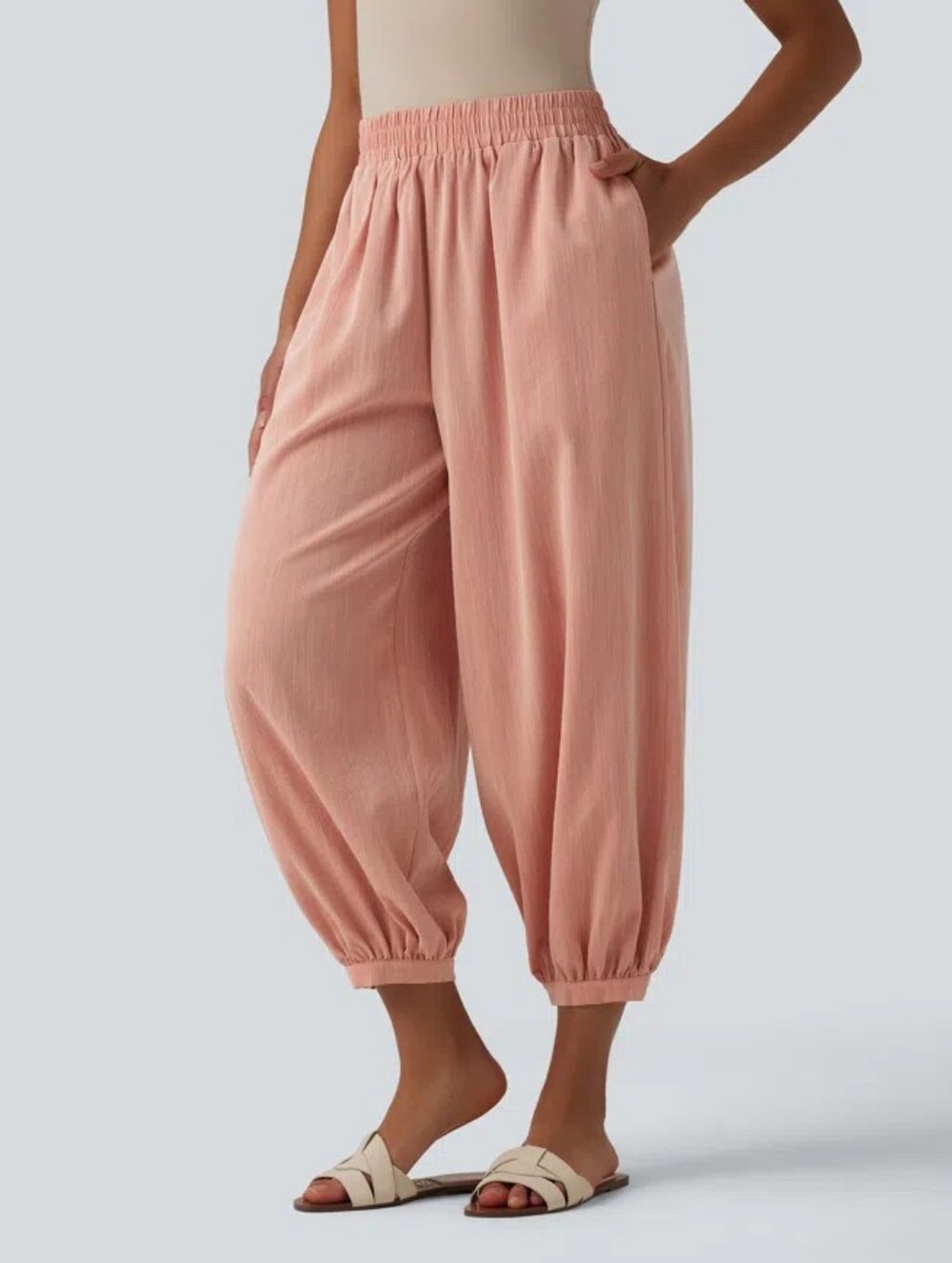 NWOT Halara High Waisted Barrel Leg Casual Linen-Feel Pants with Pockets